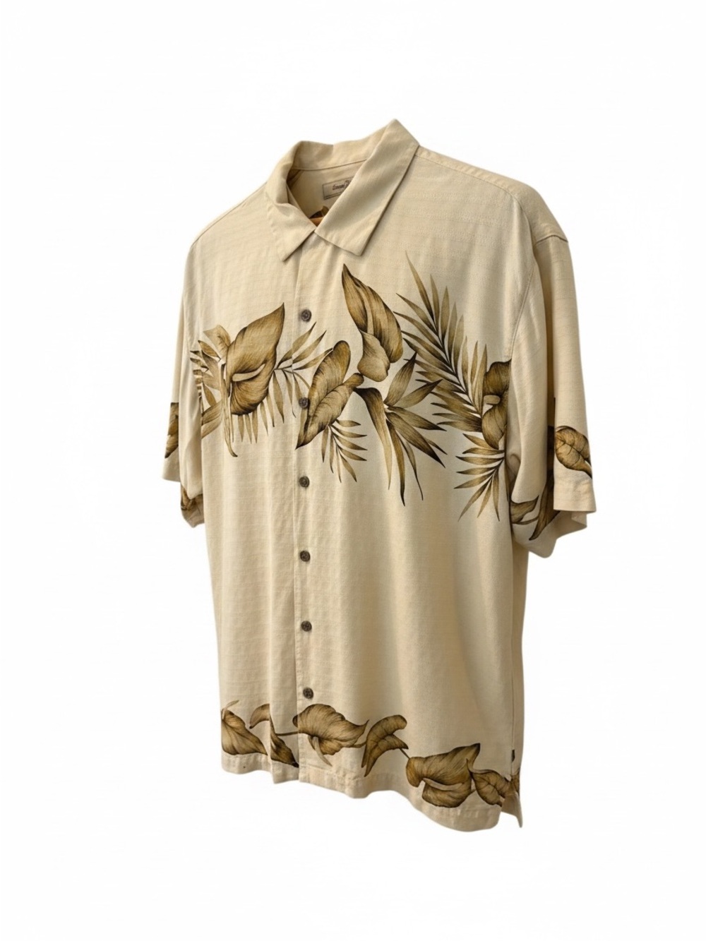 Tommy Bahama Men’s Large Silk Hawaiian Camp Shirt Beige Tropical Floral